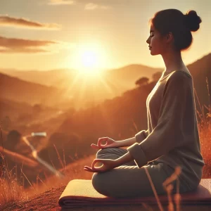 A peaceful woman sitting outdoors on a hill at sunrise, meditating with a calm expression. The warm sunlight gently illuminates the landscape, symbolizing inner peace, balance, and mental clarity. The tranquil scene captures a moment of mindfulness and serenity in nature.